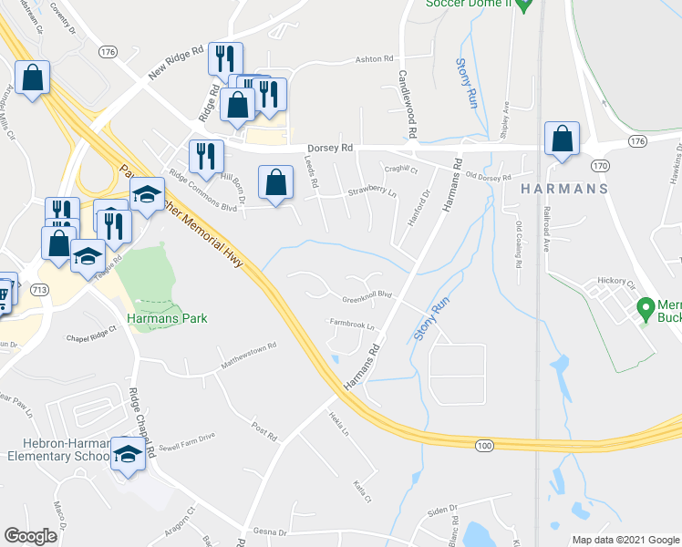 map of restaurants, bars, coffee shops, grocery stores, and more near 7534 Knoll Acres Road in Hanover