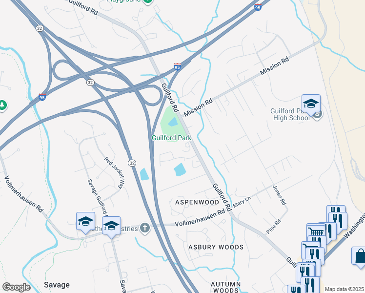 map of restaurants, bars, coffee shops, grocery stores, and more near 9950 Guilford Road in Jessup