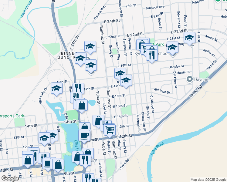 map of restaurants, bars, coffee shops, grocery stores, and more near 131 East 17th Street in Marysville