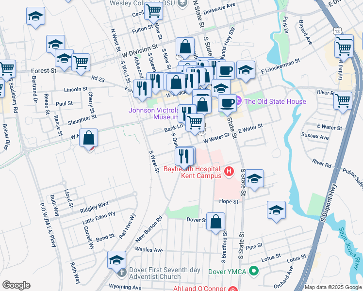 map of restaurants, bars, coffee shops, grocery stores, and more near in Dover