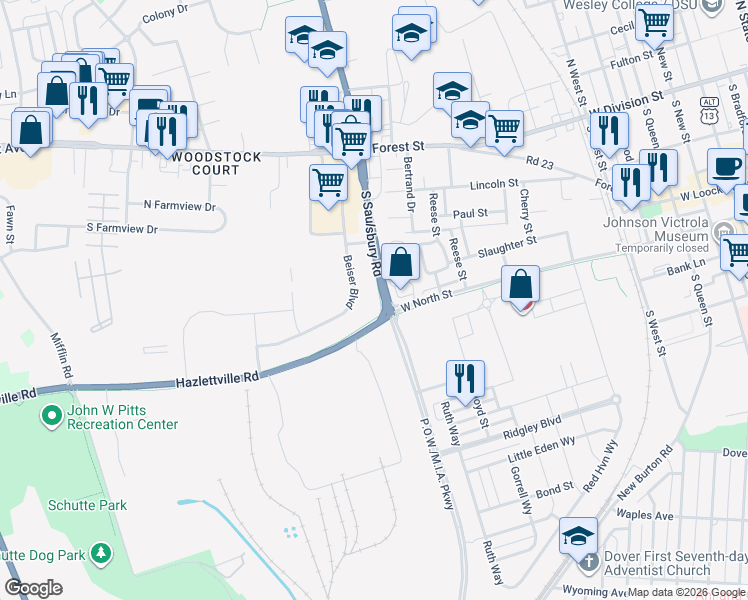 map of restaurants, bars, coffee shops, grocery stores, and more near 220 Beiser Boulevard in Dover