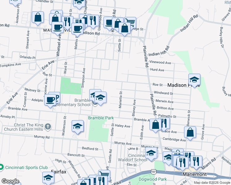 map of restaurants, bars, coffee shops, grocery stores, and more near in Cincinnati