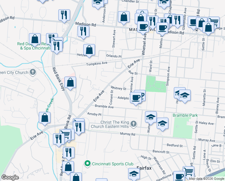 map of restaurants, bars, coffee shops, grocery stores, and more near 5716 Whitney Street in Cincinnati