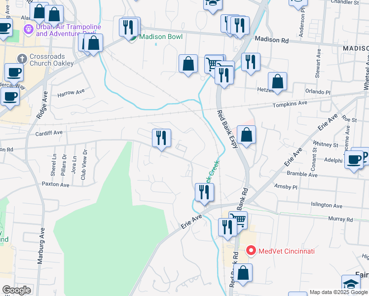 map of restaurants, bars, coffee shops, grocery stores, and more near 4220 Allendorf Drive in Cincinnati