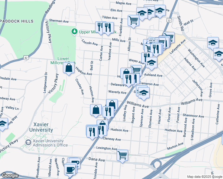 map of restaurants, bars, coffee shops, grocery stores, and more near 1922 Delaware Avenue in Norwood