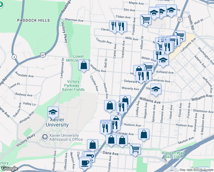 map of restaurants, bars, coffee shops, grocery stores, and more near 4106 Bell Street in Cincinnati