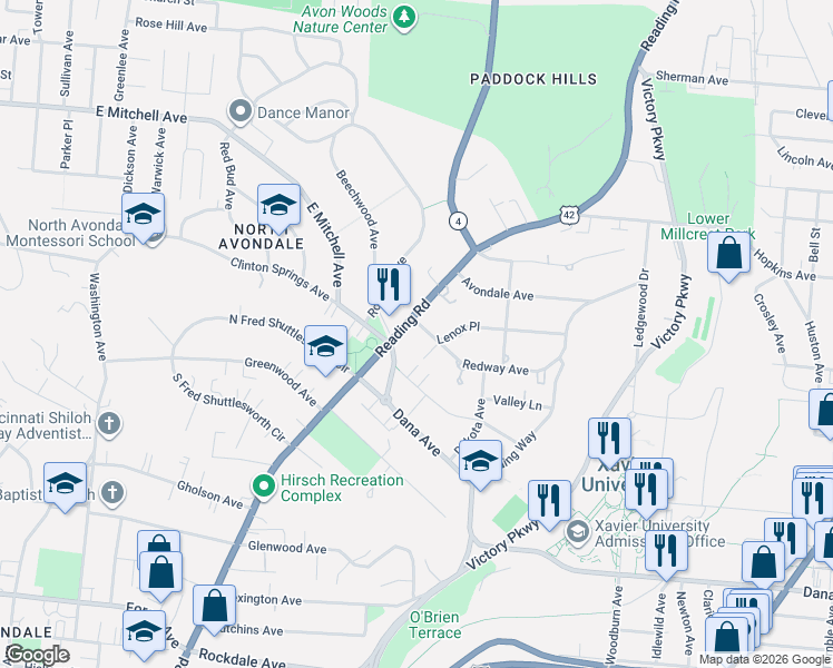 map of restaurants, bars, coffee shops, grocery stores, and more near 3870 Reading Road in Cincinnati