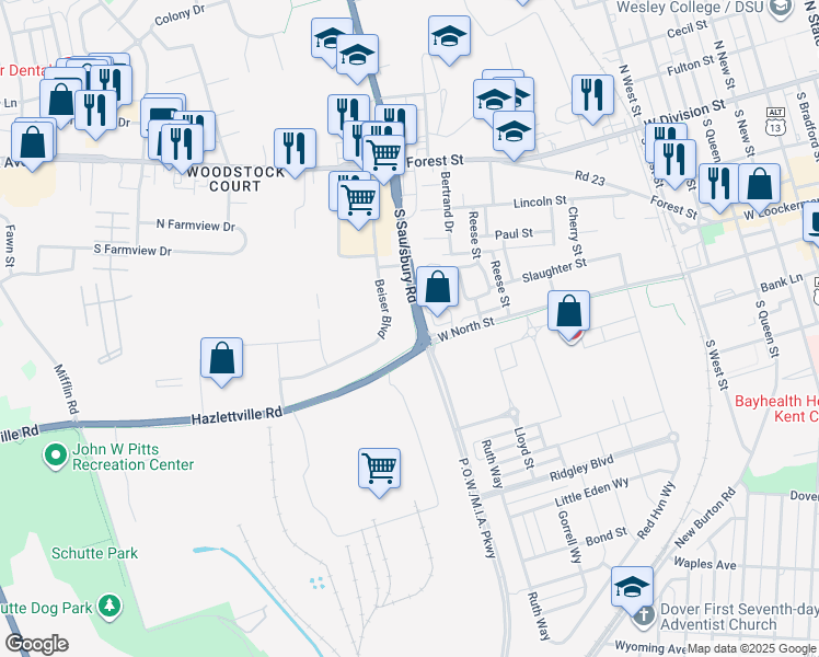 map of restaurants, bars, coffee shops, grocery stores, and more near 220 Beiser Boulevard in Dover