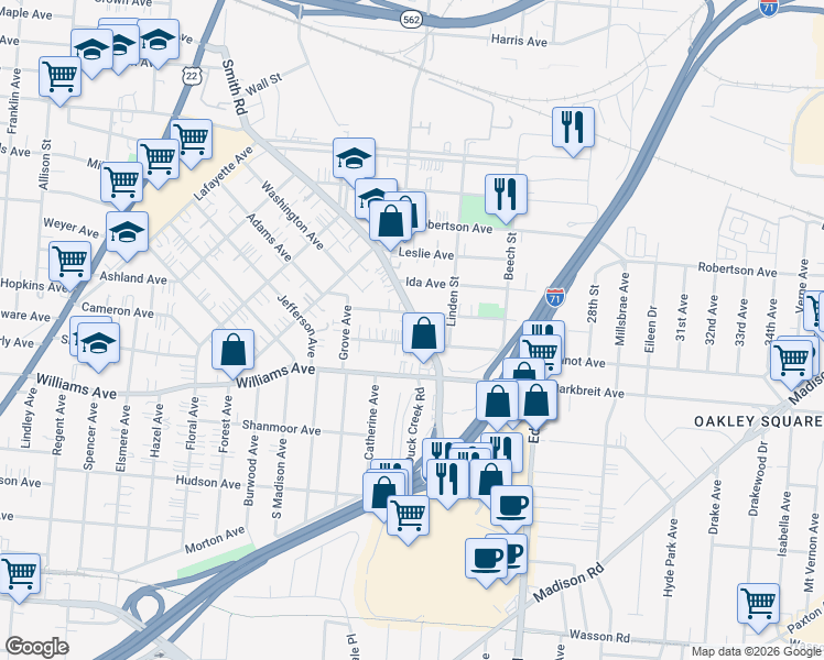 map of restaurants, bars, coffee shops, grocery stores, and more near 4300 Smith Road in Cincinnati