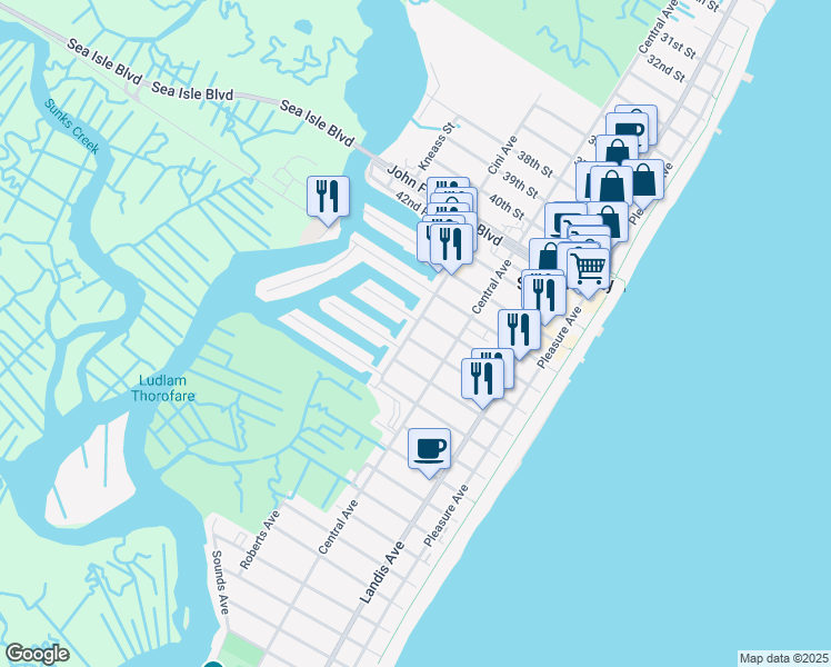 map of restaurants, bars, coffee shops, grocery stores, and more near 4501 Park Road in Sea Isle City