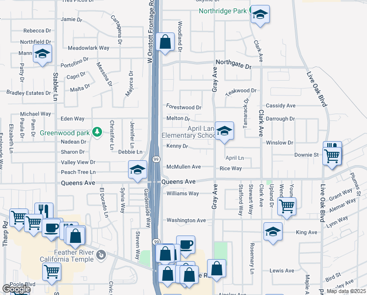 map of restaurants, bars, coffee shops, grocery stores, and more near 1210 Kenny Drive in Yuba City