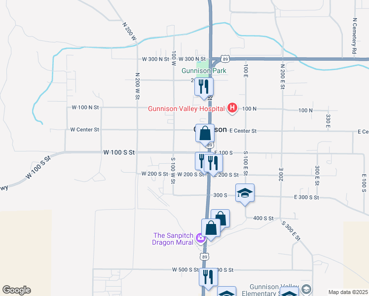 map of restaurants, bars, coffee shops, grocery stores, and more near 66 West 100 South in Gunnison