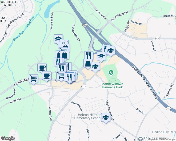 map of restaurants, bars, coffee shops, grocery stores, and more near 7556 Teague Road in Severn
