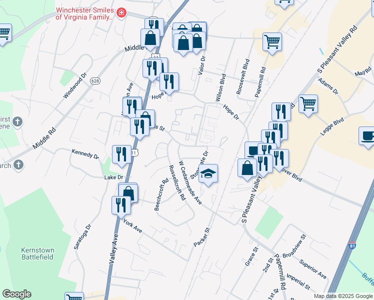 map of restaurants, bars, coffee shops, grocery stores, and more near 209 Peppertree Lane in Winchester