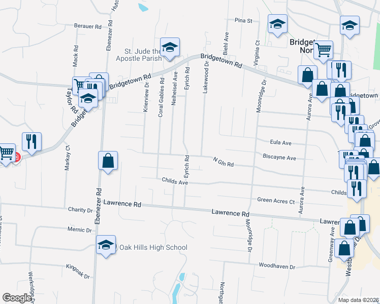 map of restaurants, bars, coffee shops, grocery stores, and more near 3571 Lakewood Drive in Cincinnati