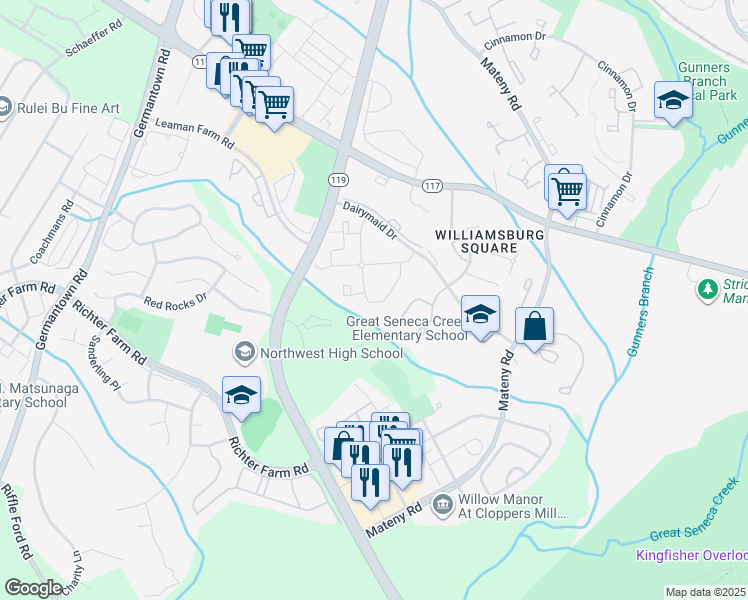 map of restaurants, bars, coffee shops, grocery stores, and more near 18131 Chalet Drive in Germantown