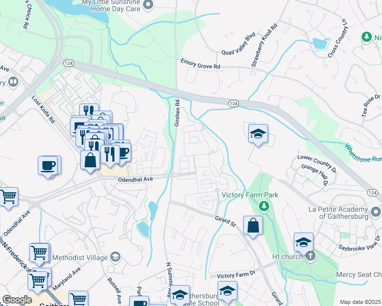 map of restaurants, bars, coffee shops, grocery stores, and more near 580 Pelican Avenue in Gaithersburg