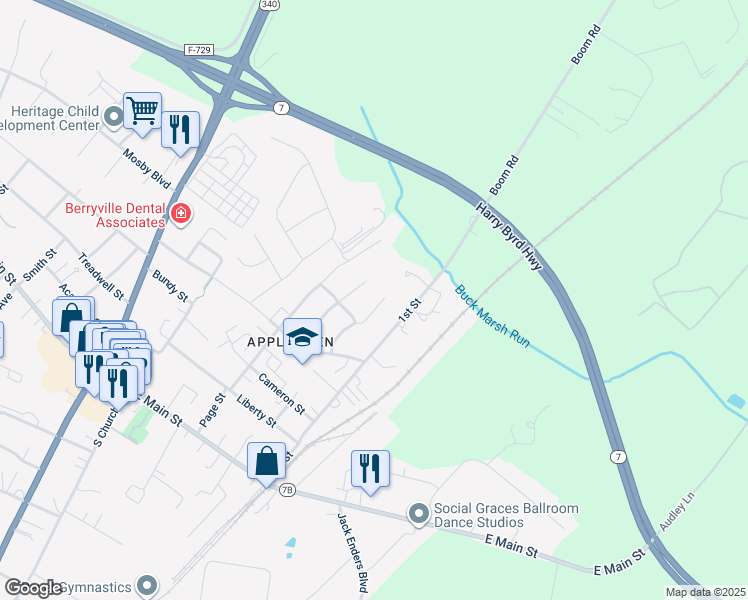 map of restaurants, bars, coffee shops, grocery stores, and more near 513 Blossom Drive in Berryville
