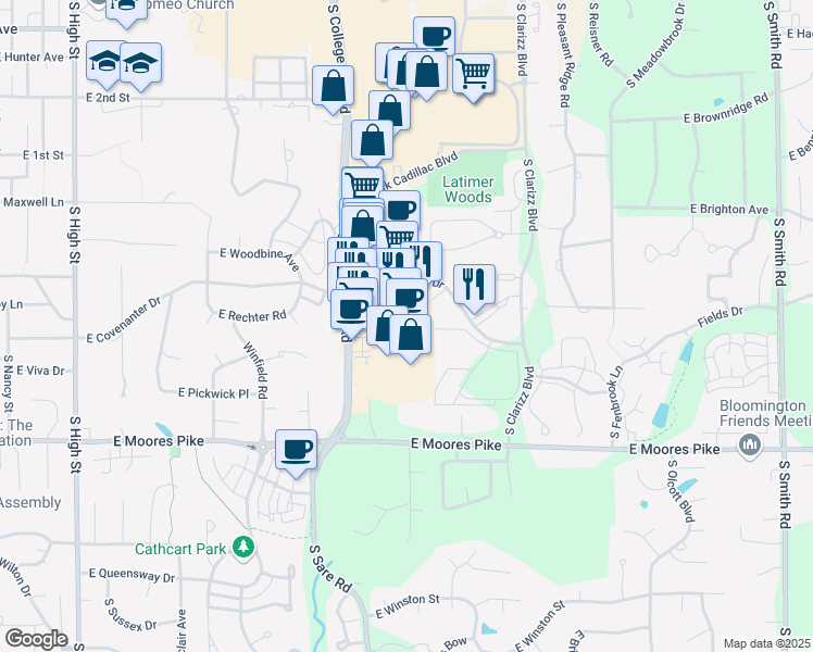 map of restaurants, bars, coffee shops, grocery stores, and more near 1155 South College Mall Road in Bloomington