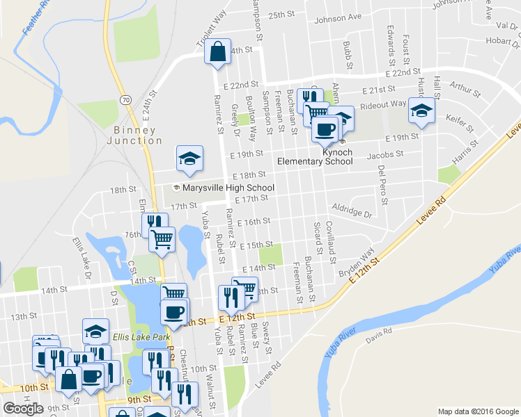 map of restaurants, bars, coffee shops, grocery stores, and more near 1608 Sampson Street in Marysville
