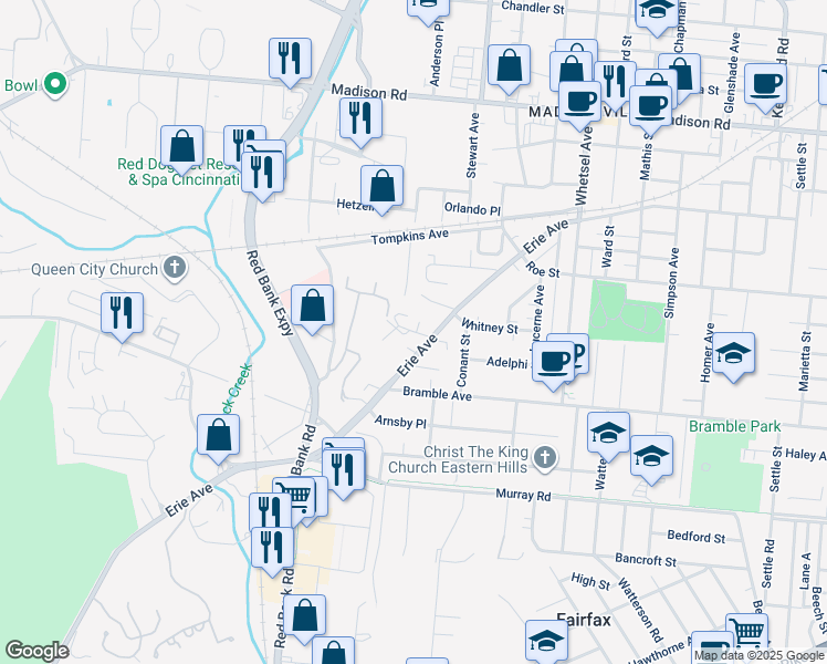 map of restaurants, bars, coffee shops, grocery stores, and more near 5630 Macey Avenue in Cincinnati