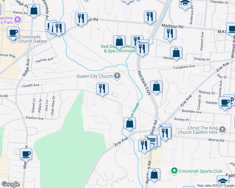 map of restaurants, bars, coffee shops, grocery stores, and more near 4220 Allendorf Drive in Cincinnati