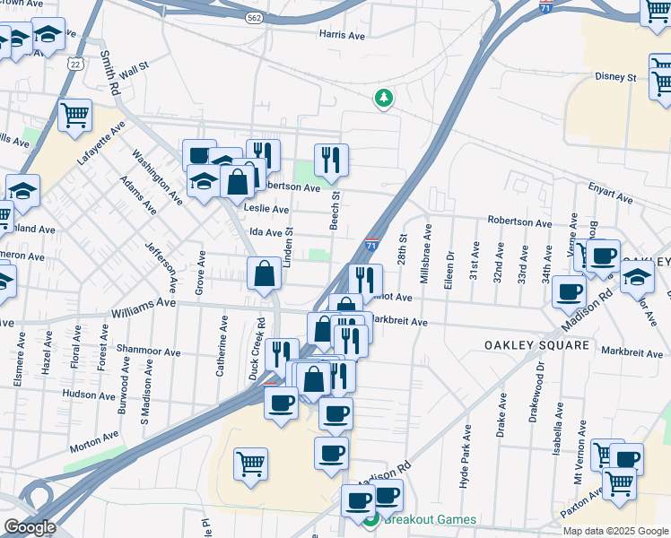 map of restaurants, bars, coffee shops, grocery stores, and more near 2711 Ida Avenue in Cincinnati