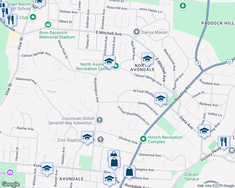 map of restaurants, bars, coffee shops, grocery stores, and more near 3832 Edge Hill Place in Cincinnati