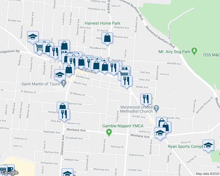 map of restaurants, bars, coffee shops, grocery stores, and more near 3323 Gamble Avenue in Cincinnati