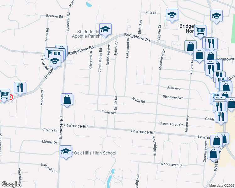map of restaurants, bars, coffee shops, grocery stores, and more near 3571 Lakewood Drive in Cincinnati