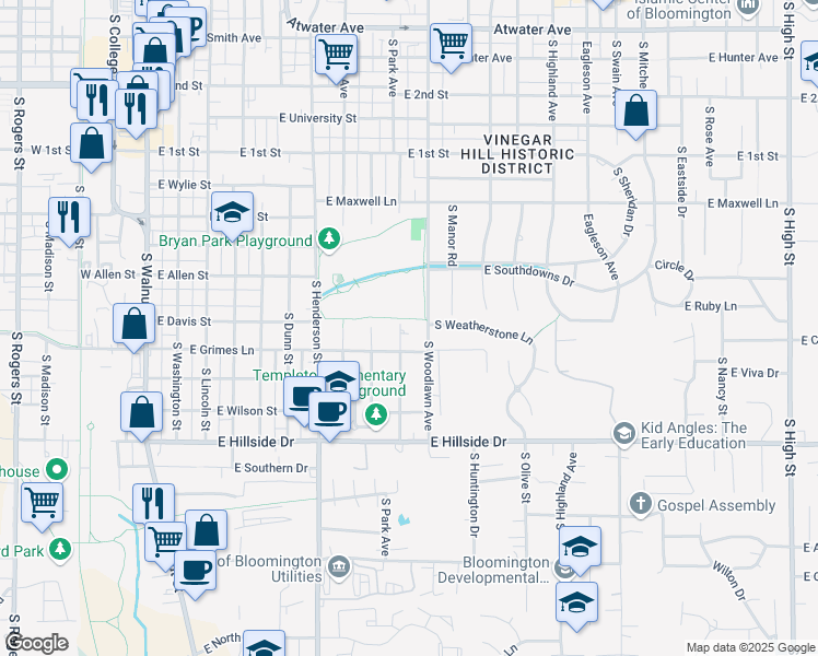 map of restaurants, bars, coffee shops, grocery stores, and more near 1020 South Woodlawn Avenue in Bloomington