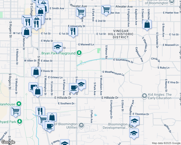 map of restaurants, bars, coffee shops, grocery stores, and more near 1101 South Stull Avenue in Bloomington