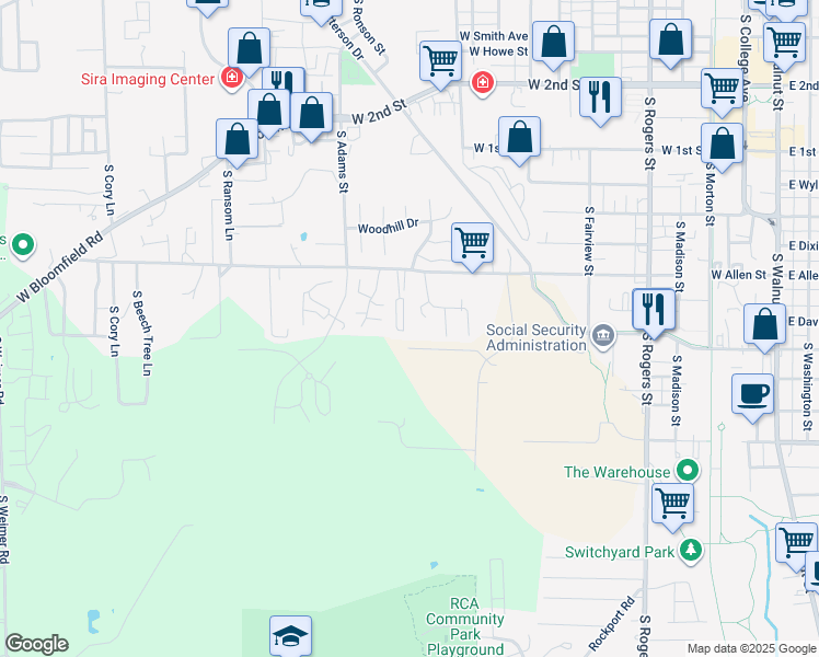 map of restaurants, bars, coffee shops, grocery stores, and more near 1377 West Allen Street in Bloomington