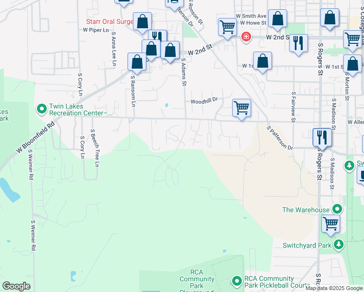 map of restaurants, bars, coffee shops, grocery stores, and more near 970 South Adams Street in Bloomington