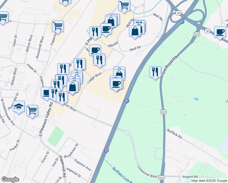 map of restaurants, bars, coffee shops, grocery stores, and more near 2340 Legge Boulevard in Winchester