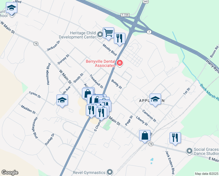map of restaurants, bars, coffee shops, grocery stores, and more near 409 Bellevue Lane in Boyce