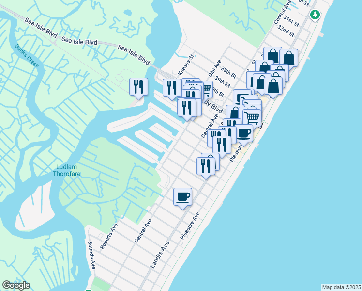 map of restaurants, bars, coffee shops, grocery stores, and more near 4501 Park Road in Sea Isle City
