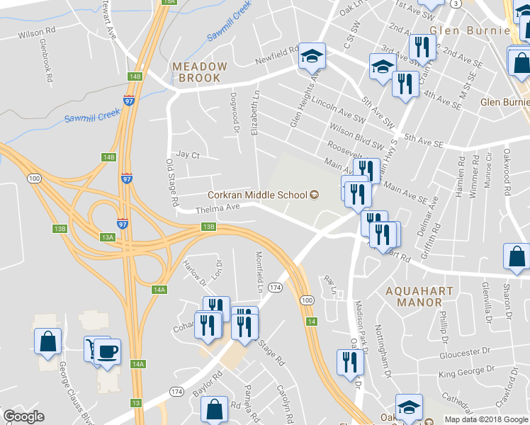 map of restaurants, bars, coffee shops, grocery stores, and more near 299 Thelma Avenue in Glen Burnie