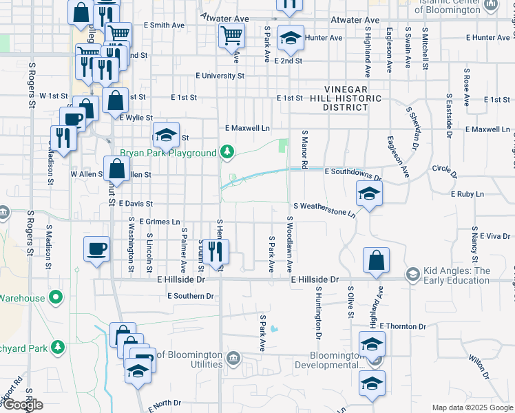 map of restaurants, bars, coffee shops, grocery stores, and more near 1101 South Stull Avenue in Bloomington
