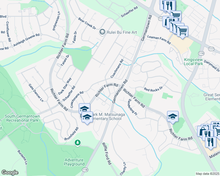 map of restaurants, bars, coffee shops, grocery stores, and more near 14004 Rockingham Road in Germantown
