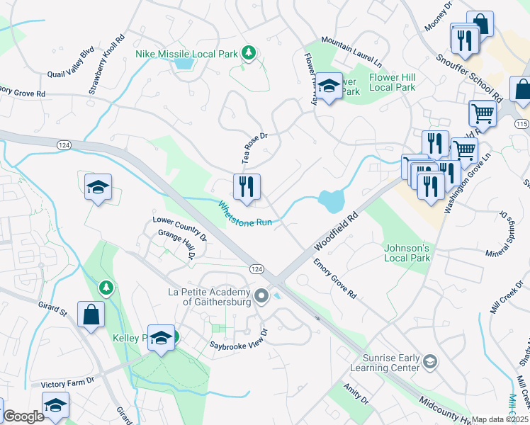 map of restaurants, bars, coffee shops, grocery stores, and more near 8600 Watershed Court in Gaithersburg