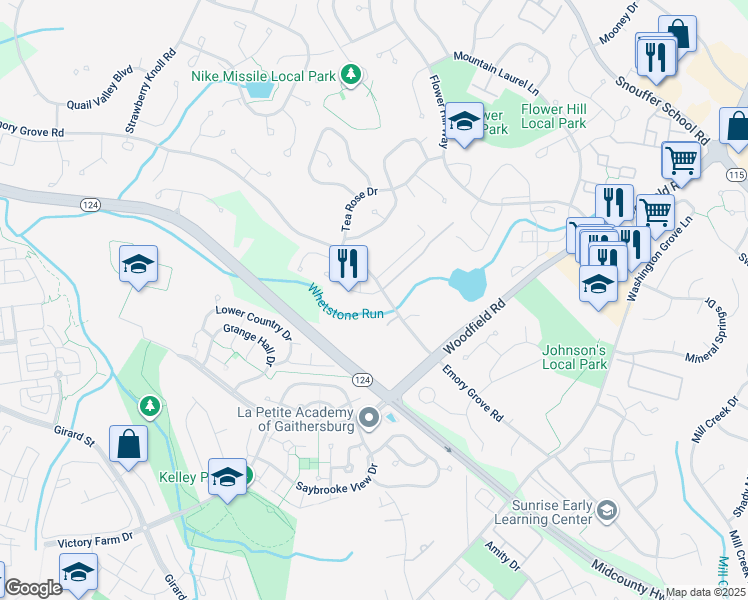 map of restaurants, bars, coffee shops, grocery stores, and more near 8600 Watershed Court in Gaithersburg