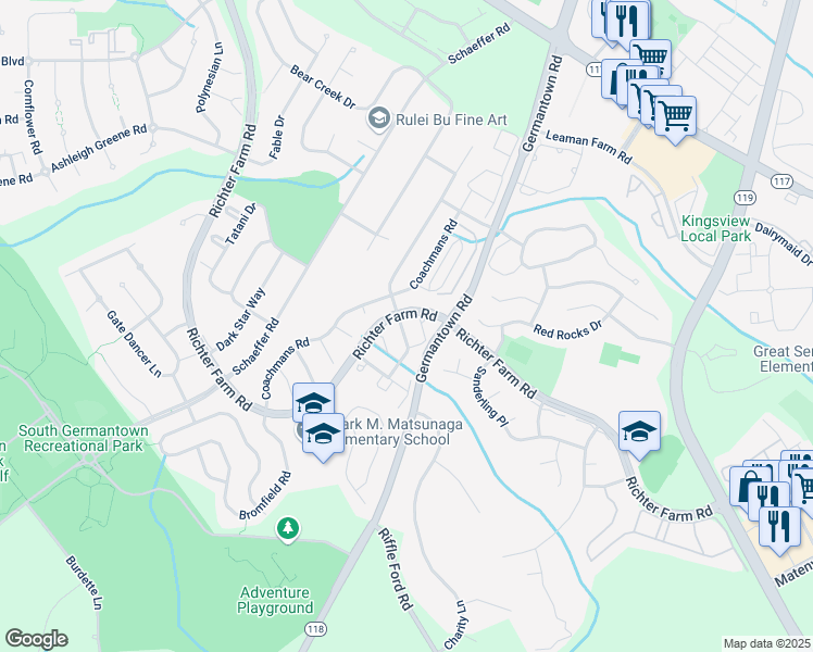 map of restaurants, bars, coffee shops, grocery stores, and more near 14004 Rockingham Road in Germantown