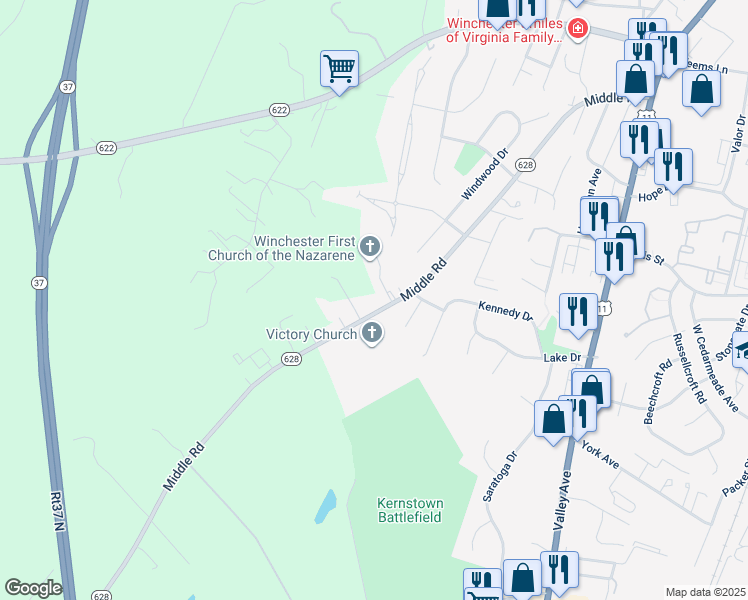map of restaurants, bars, coffee shops, grocery stores, and more near 2853 Middle Road in Winchester
