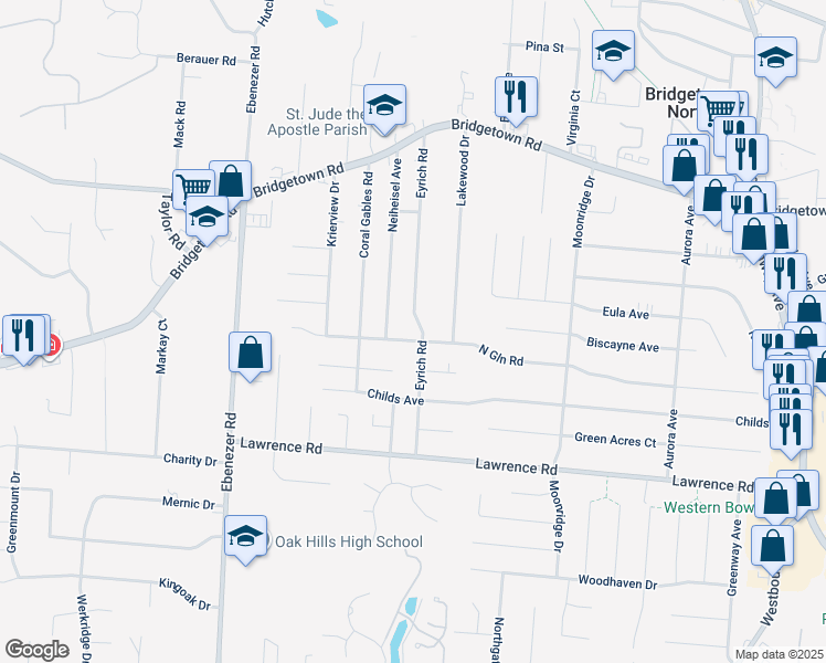 map of restaurants, bars, coffee shops, grocery stores, and more near 3570 Neiheisel Avenue in Cincinnati