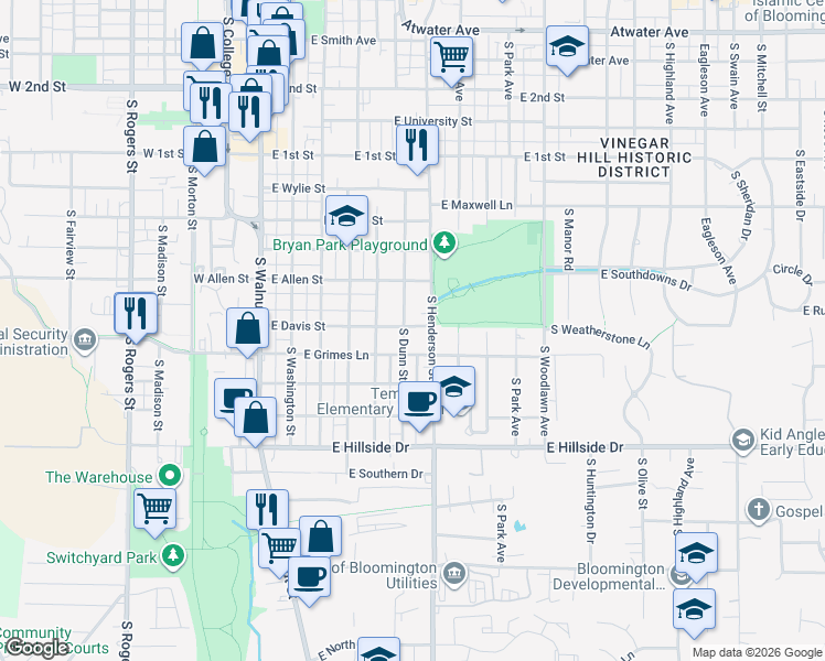 map of restaurants, bars, coffee shops, grocery stores, and more near 1026 South Henderson Street in Bloomington