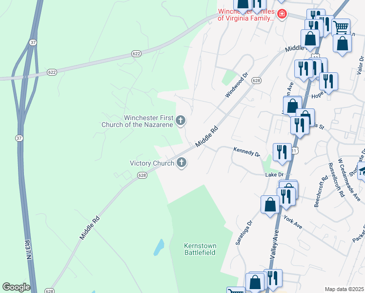 map of restaurants, bars, coffee shops, grocery stores, and more near 2853 Middle Road in Winchester