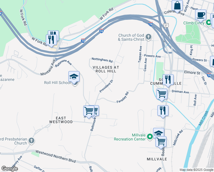 map of restaurants, bars, coffee shops, grocery stores, and more near 3801 President Drive in Cincinnati