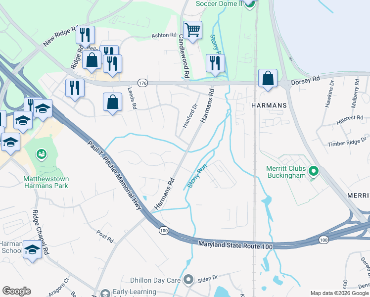 map of restaurants, bars, coffee shops, grocery stores, and more near 7534 Harmans Road in Severn