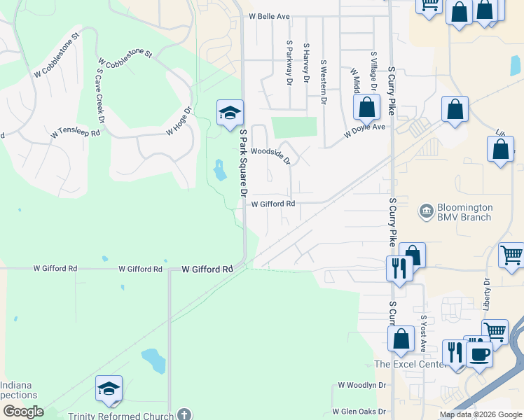 map of restaurants, bars, coffee shops, grocery stores, and more near 1300 South Hickory Grove Lane in Bloomington